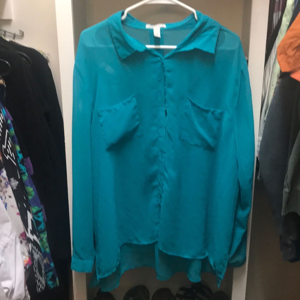 Sheer teal button up - high low style